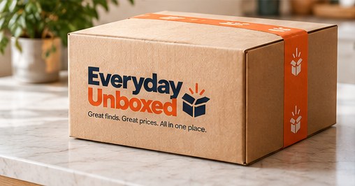 An Everyday Unboxed shipping box on a counter