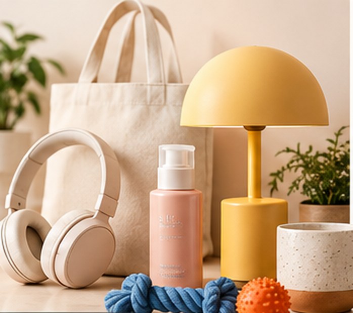 Headphones, a yellow lamp, a canvas tote and a skincare bottle on a table