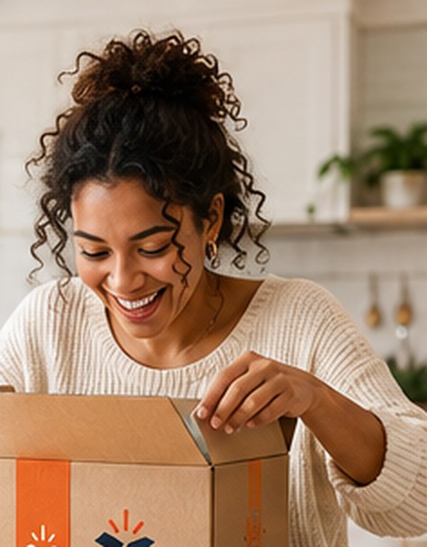 A woman smiling as she opens a delivery box at her kitchen counter