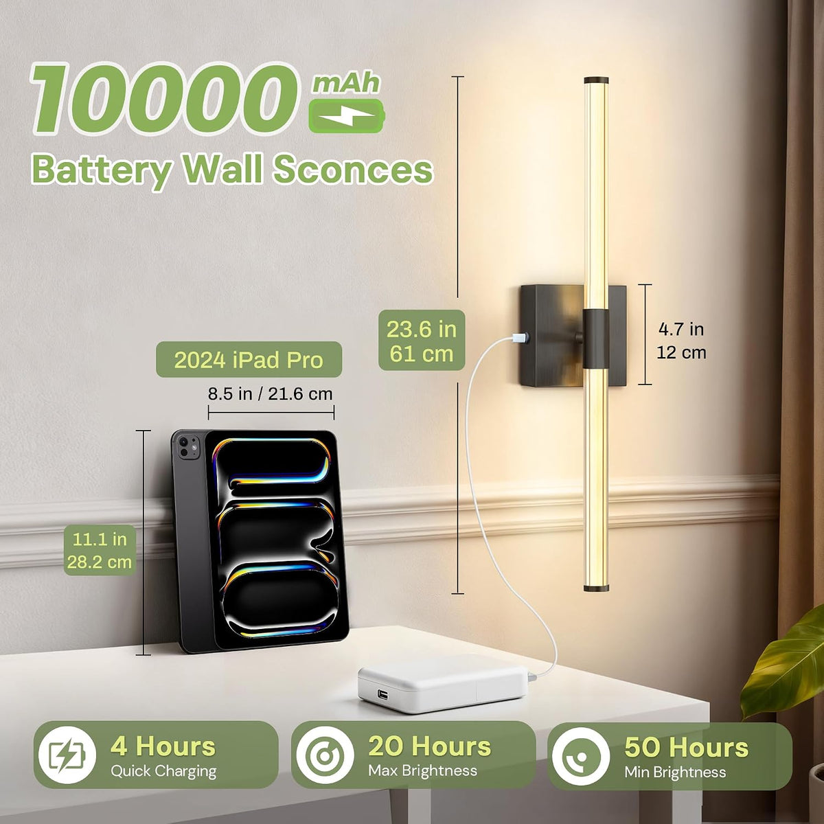 Battery Operated Wall Sconce Set of 2, Full Lighting Wall Light, 10000Mah