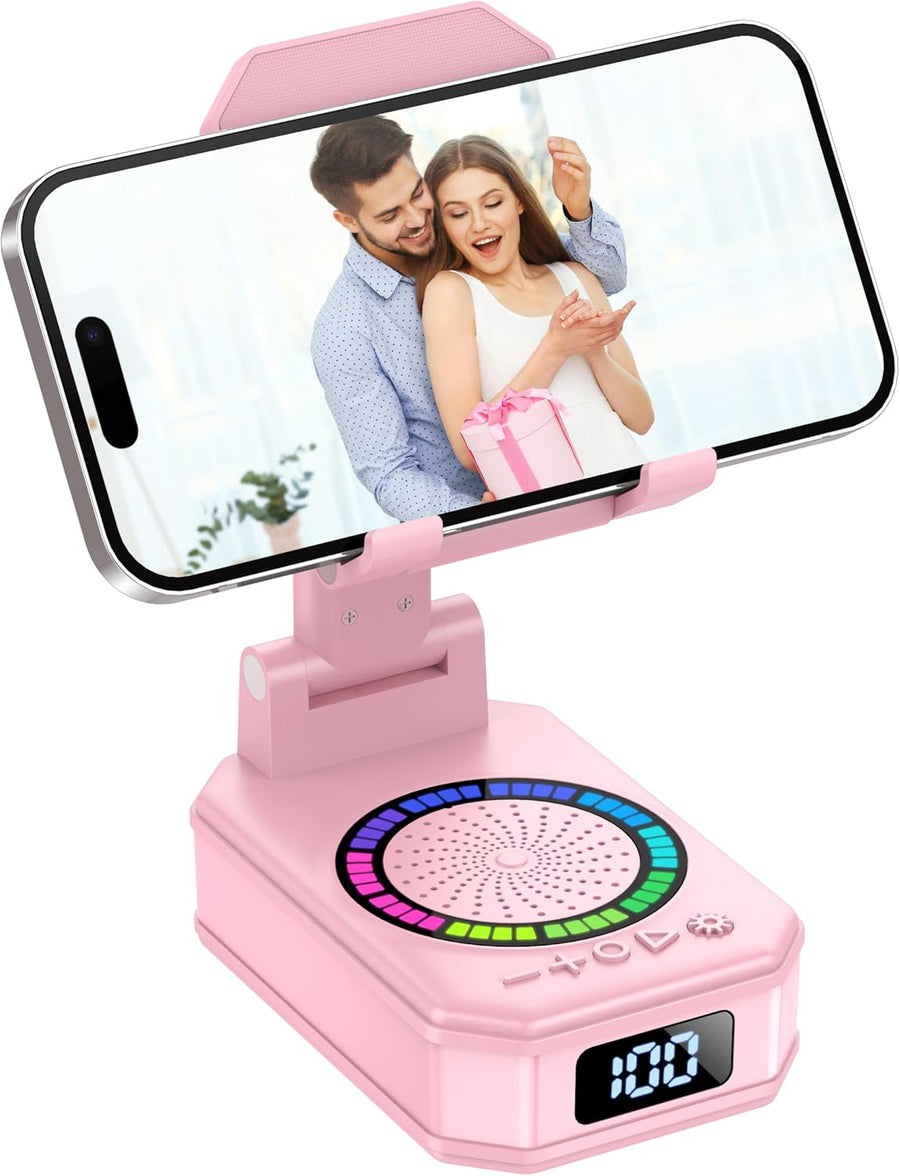 Gifts for Women, Phone Stand with Wireless Bluetooth Speaker and Anti-Slip Base, Gadgets for Anniversary Idea Gift, Phone Charger Stand with LED Lights, Kitchen Gadget Compatible with IOS Android