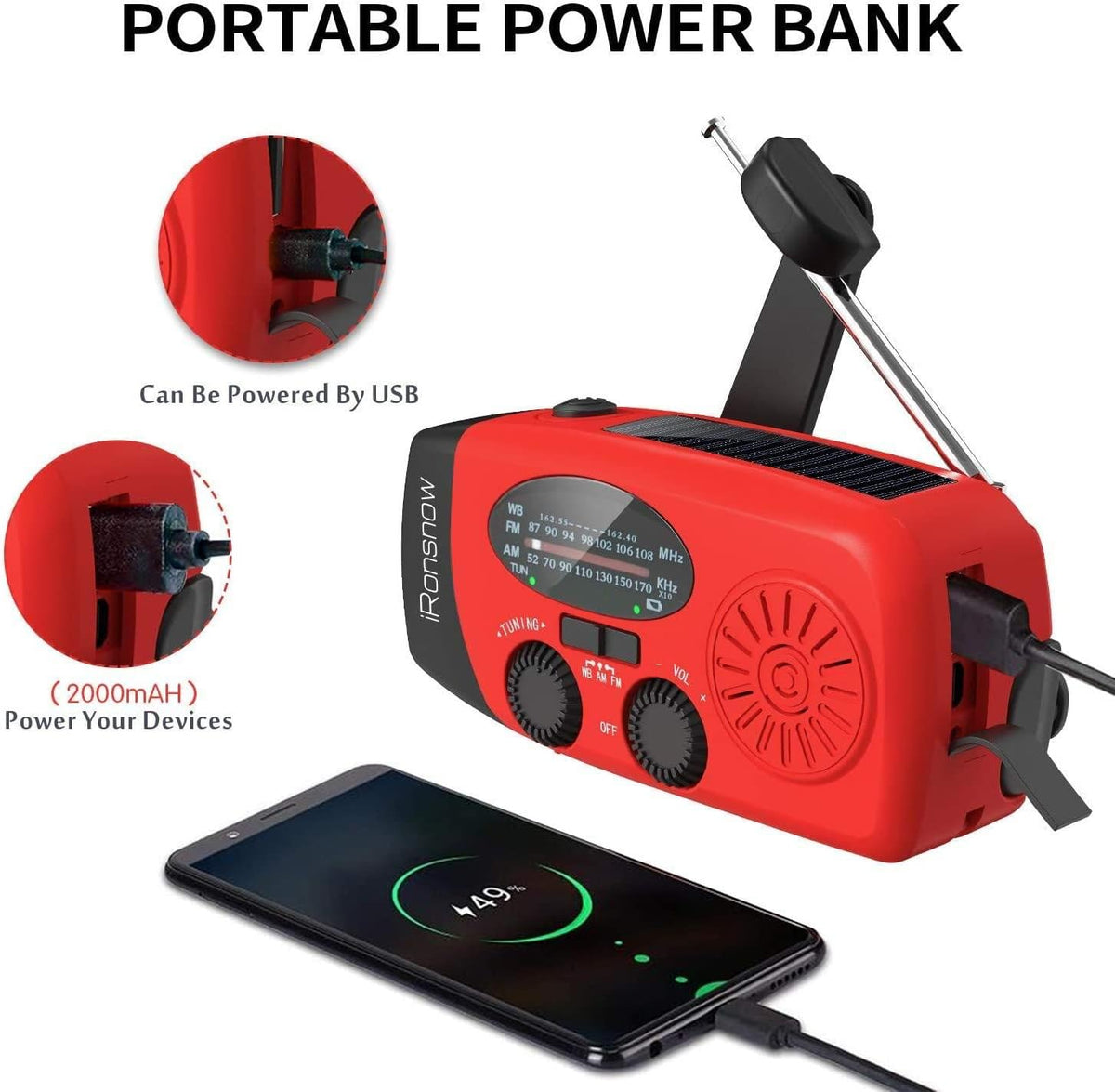 Solar Emergency Hand Crank Weather Radio, 2000Mah NOAA AM/FM