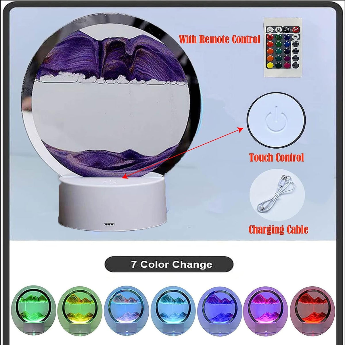 3Dmoving Sand Art,360° Rotating Hourglass Decoration Table Lamp ,7 Color Changing Sand Liquid Motion Desk Lamp,Rgb Color Creative Sea Quicksand Moving Sand Art Picture Night Light(Purple with Remote)