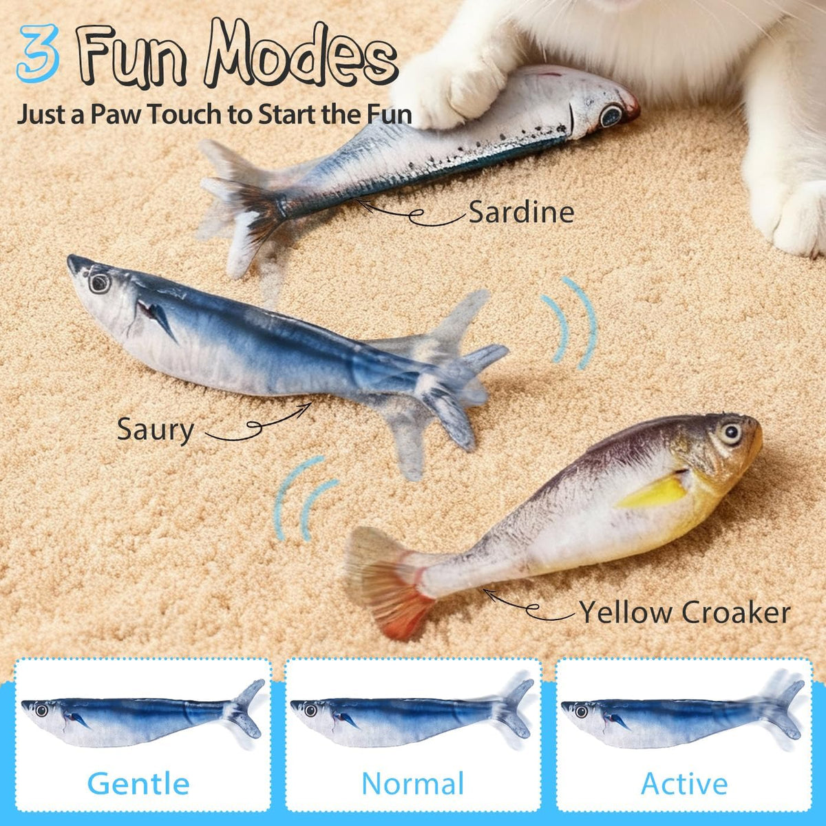 Cat Toys Flopping Fish 3 Pack Rechargeable Interactive for Indoor Exercise