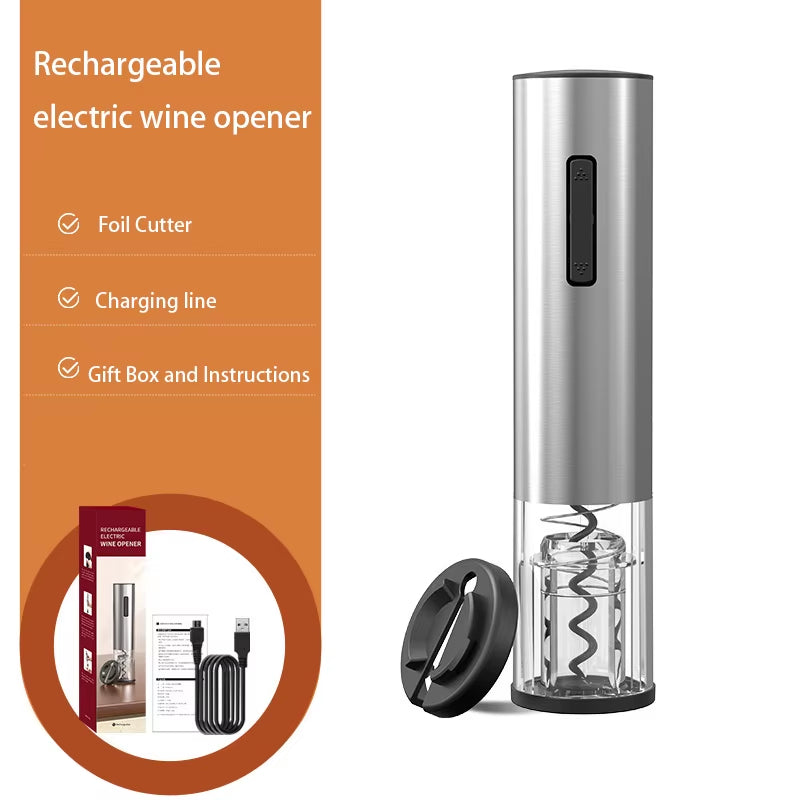 Rechargeable Electric Wine Opener Set Automatic Electric Wine Opener with Stand Metal Opener with Foil Cutter, Pourer, Stopper