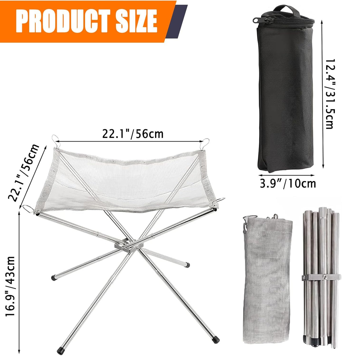 22 Inch Portable Outdoor Fire Pit for Camping Upgrade Foldable Stainless Steel Mesh Fire Pits for outside Wood Burning Collapsible Fireplace for Patio,Camping,Bonfire,Backyard,Garden,Bbq