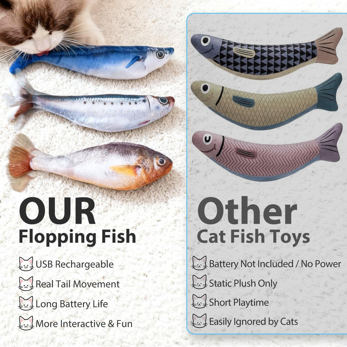 Cat Toys Flopping Fish 3 Pack Rechargeable Interactive for Indoor Exercise