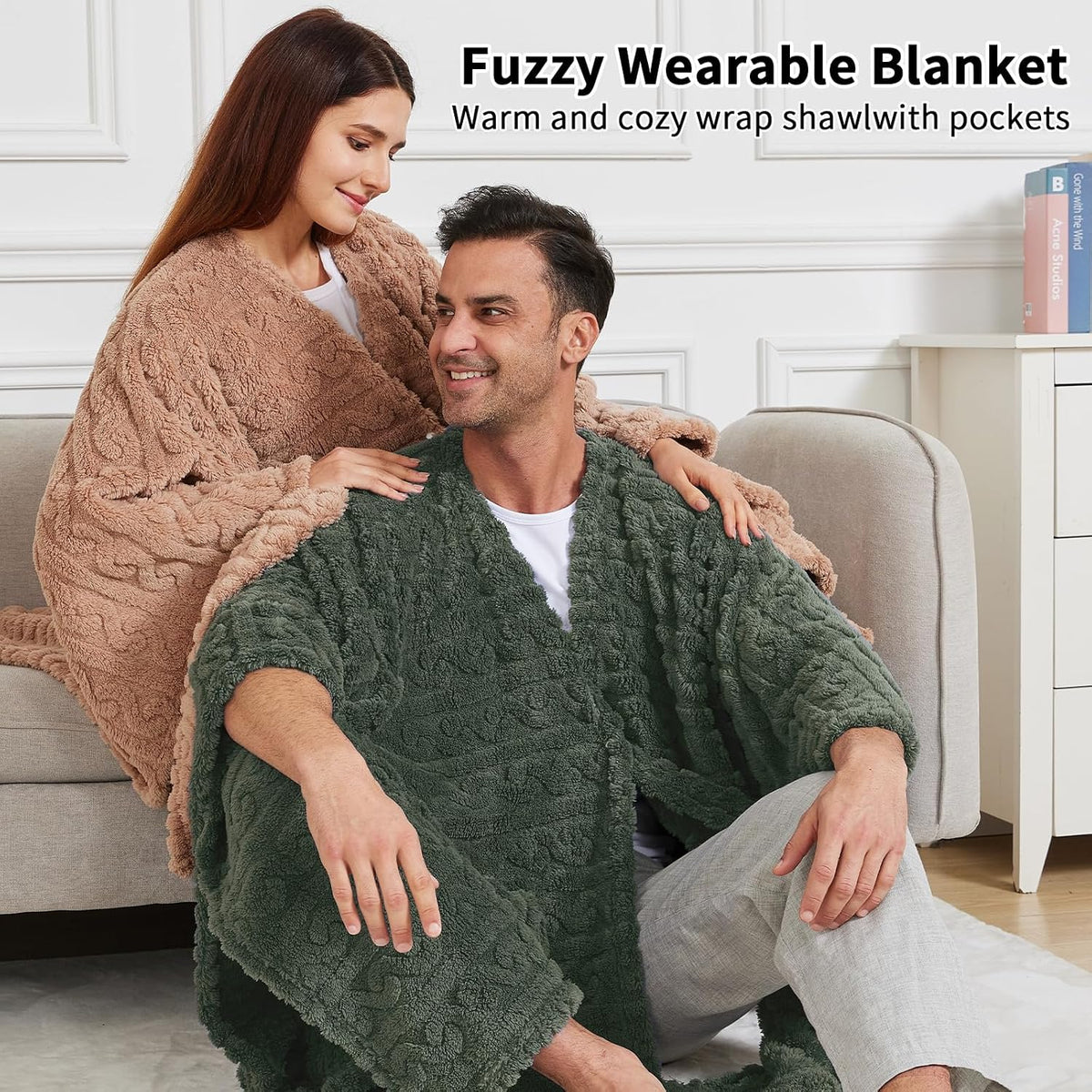 Wearable Blanket Poncho Cape Wrap for Adult, Cozy Sherpa Fleece Pocketed Shawl TV Throw Blankets for Office and Lounge,Green