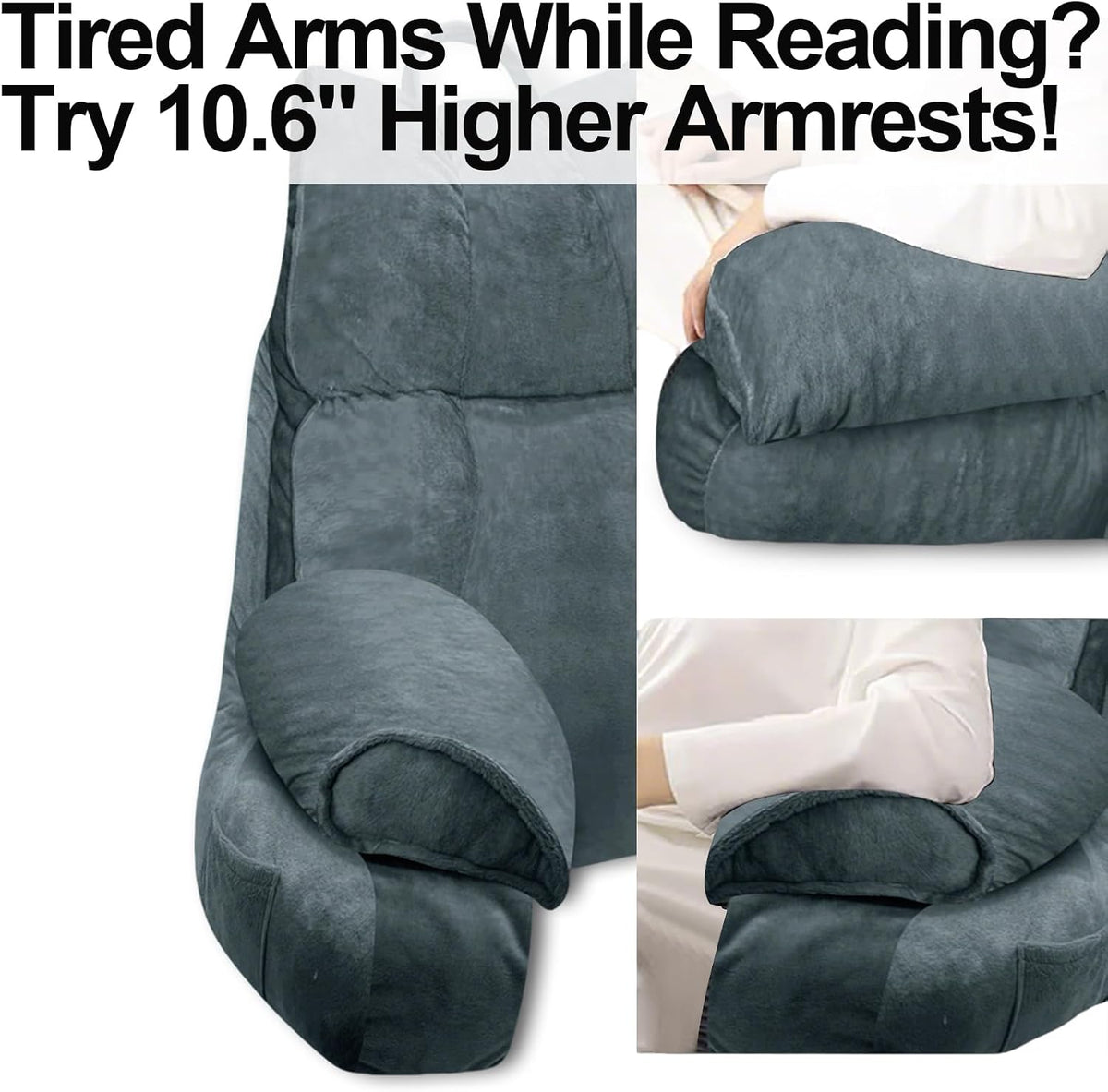 Reading Pillow for Bed with Arms, Back Support, Memory Foam（Charcoal Gray）