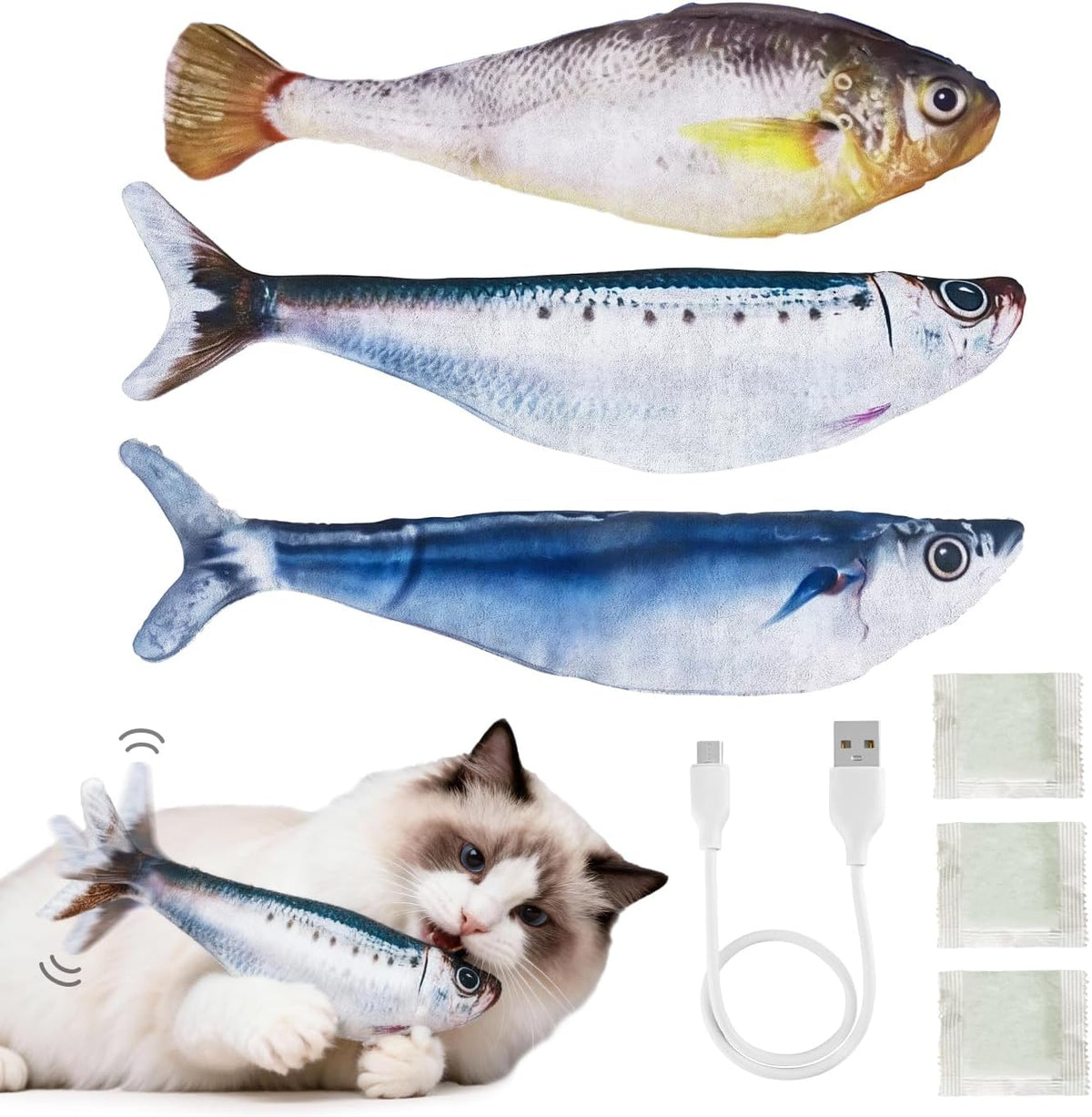 Cat Toys Flopping Fish 3 Pack Rechargeable Interactive for Indoor Exercise