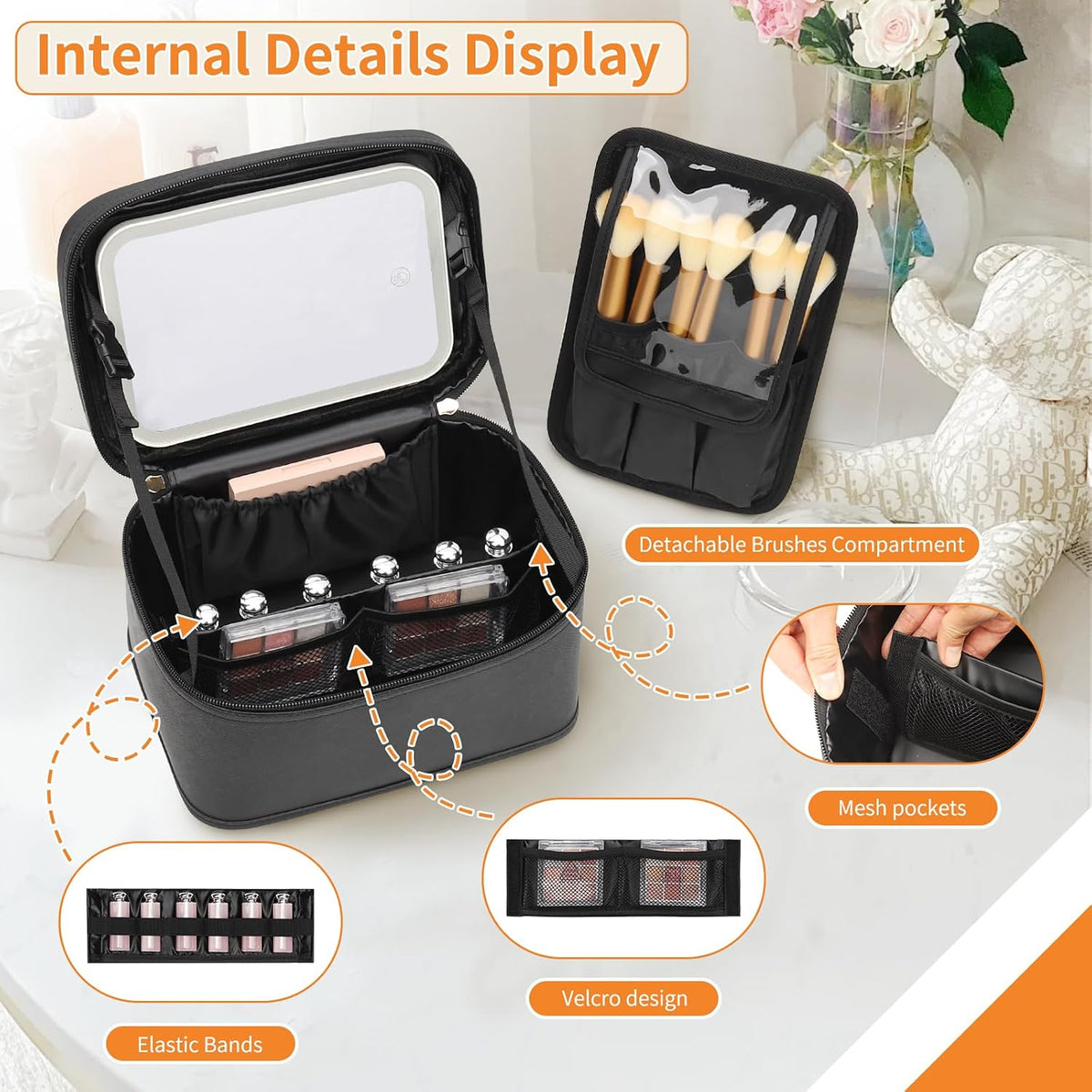 Makeup Bag with LED Mirror, Travel Makeup Bag with 3 Color Setting Light up Mirror Cosmetic Makeup Organizer Vanity Case for Women Beauty Tools Accessories Rechargeable Makeup Travel Bag-Black