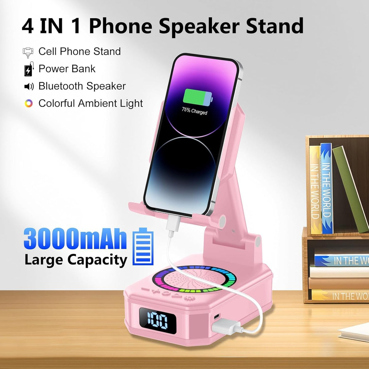 Gifts for Women, Phone Stand with Wireless Bluetooth Speaker and Anti-Slip Base, Gadgets for Anniversary Idea Gift, Phone Charger Stand with LED Lights, Kitchen Gadget Compatible with IOS Android