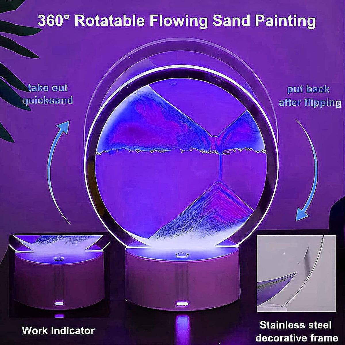 3Dmoving Sand Art,360° Rotating Hourglass Decoration Table Lamp ,7 Color Changing Sand Liquid Motion Desk Lamp,Rgb Color Creative Sea Quicksand Moving Sand Art Picture Night Light(Purple with Remote)