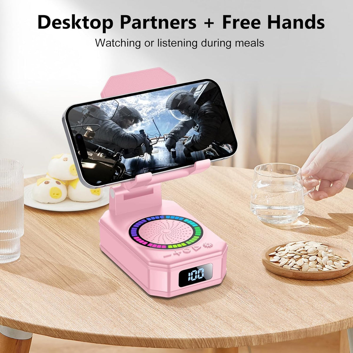 Gifts for Women, Phone Stand with Wireless Bluetooth Speaker and Anti-Slip Base, Gadgets for Anniversary Idea Gift, Phone Charger Stand with LED Lights, Kitchen Gadget Compatible with IOS Android