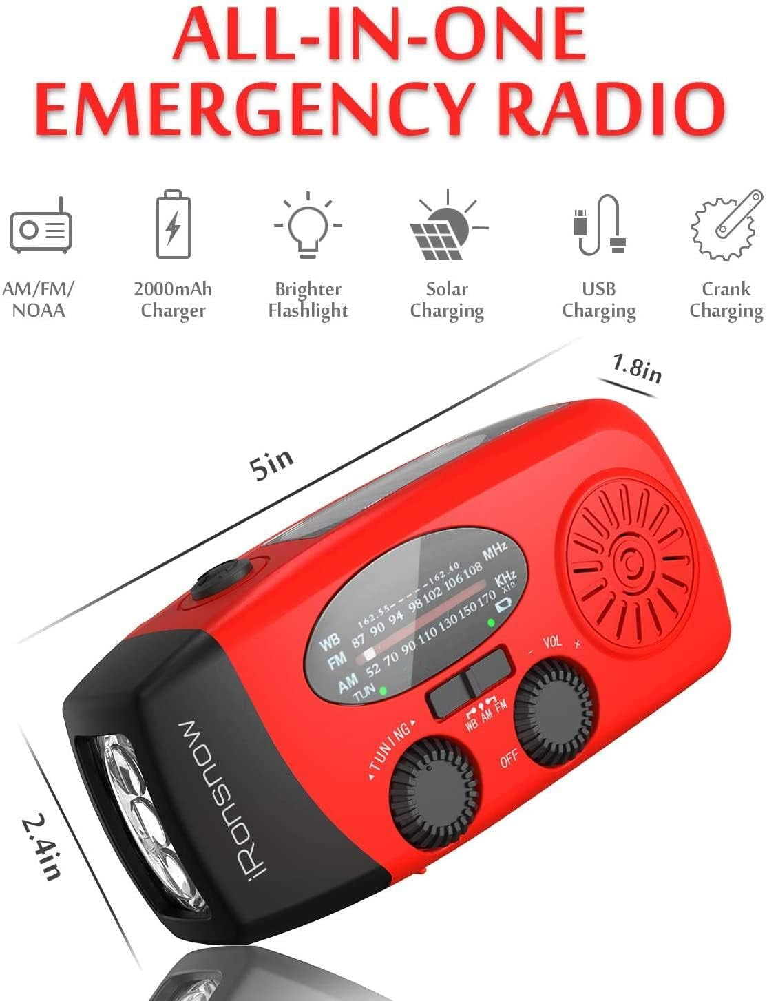 Solar Emergency Hand Crank Weather Radio, 2000Mah NOAA AM/FM