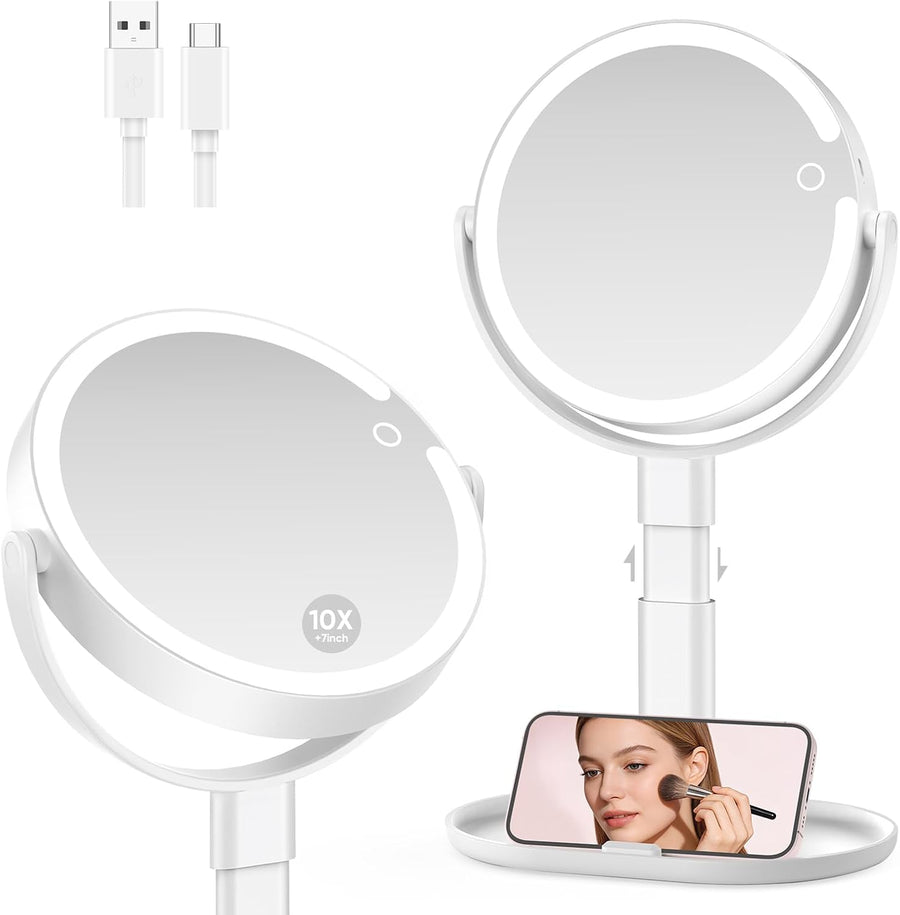 Rechargeable Lighted Makeup Mirror, 10X Magnification, 7 Inch
