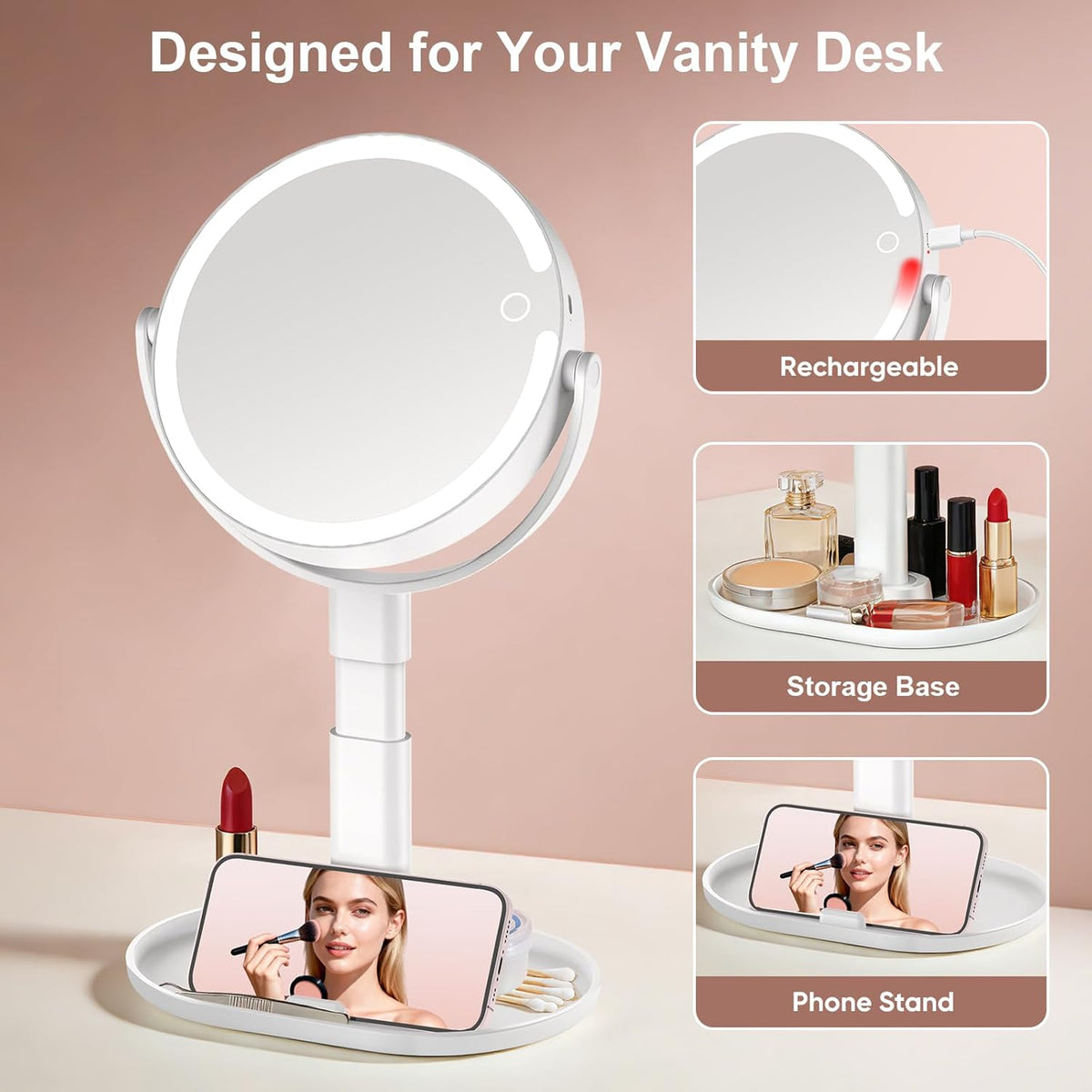 Rechargeable Lighted Makeup Mirror, 10X Magnification, 7 Inch