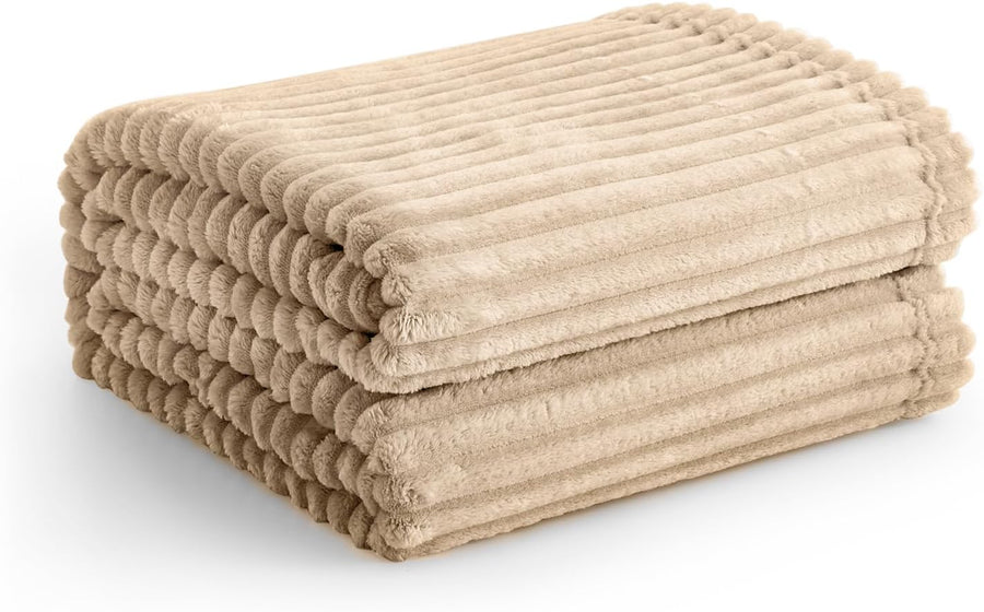 Flannel Fleece Throw Blanket for Couch,Sofa,Bed, 300GSM Striped Camel Blanket Throw for Adults and Kids, Super Soft Warm Cozy Lightweight Ribbed Light Brown Blanket for All-Season
