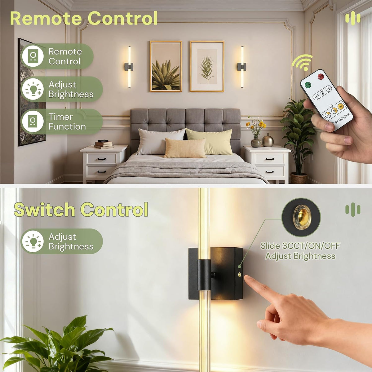 Battery Operated Wall Sconce Set of 2, Full Lighting Wall Light, 10000Mah