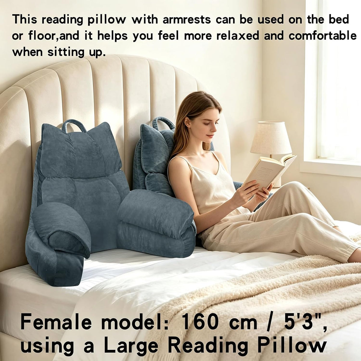 Reading Pillow for Bed with Arms, Back Support, Memory Foam（Charcoal Gray）