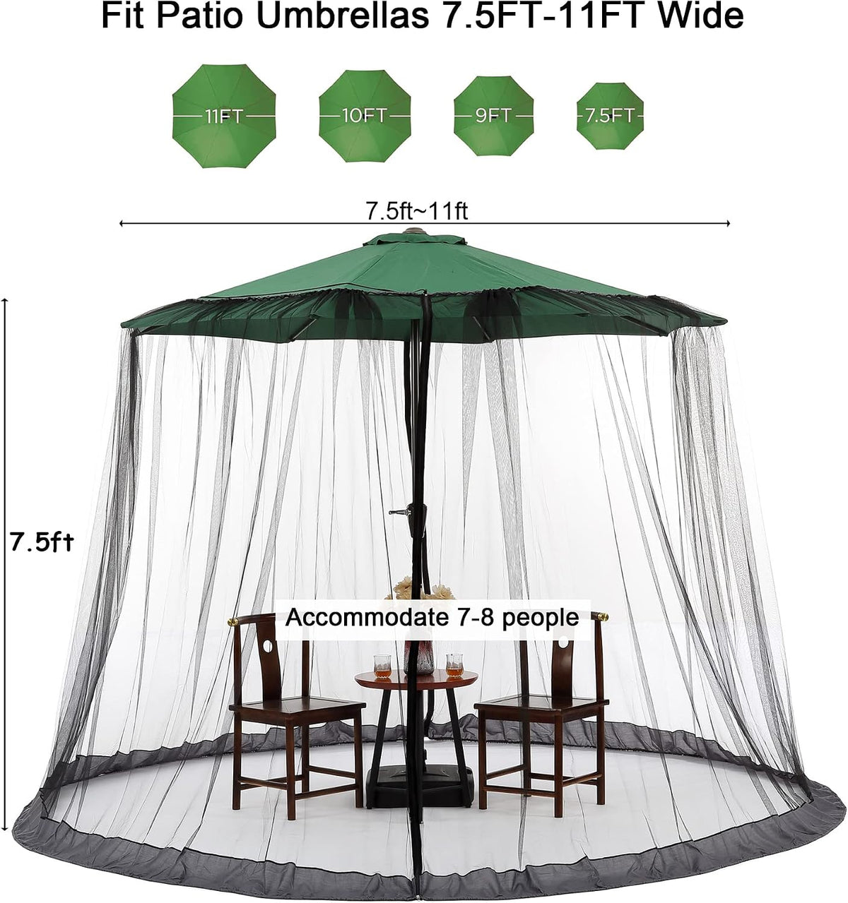 Black Patio Umbrella Mosquito Net, with Double Zipper Door, Polyester Mesh Screen, Universal for Outdoor Umbrellas, 7.5-11Ft