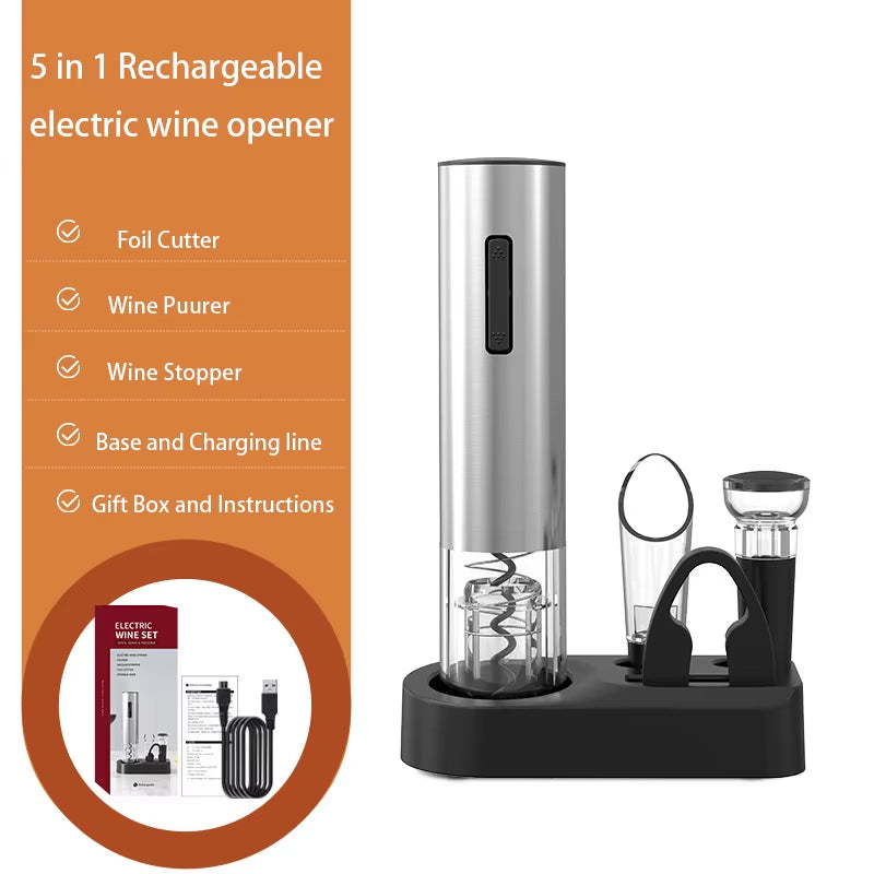 Rechargeable Electric Wine Opener Set Automatic Electric Wine Opener with Stand Metal Opener with Foil Cutter, Pourer, Stopper