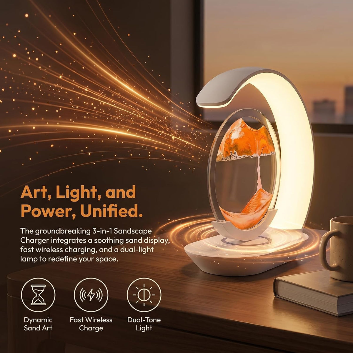 3-In-1 Moving Sand Art Desk Lamp with Wireless Charging Station