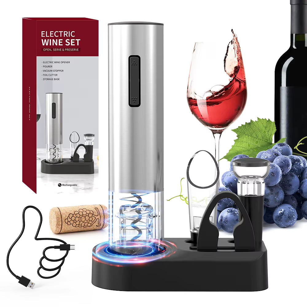 Rechargeable Electric Wine Opener Set Automatic Electric Wine Opener with Stand Metal Opener with Foil Cutter, Pourer, Stopper