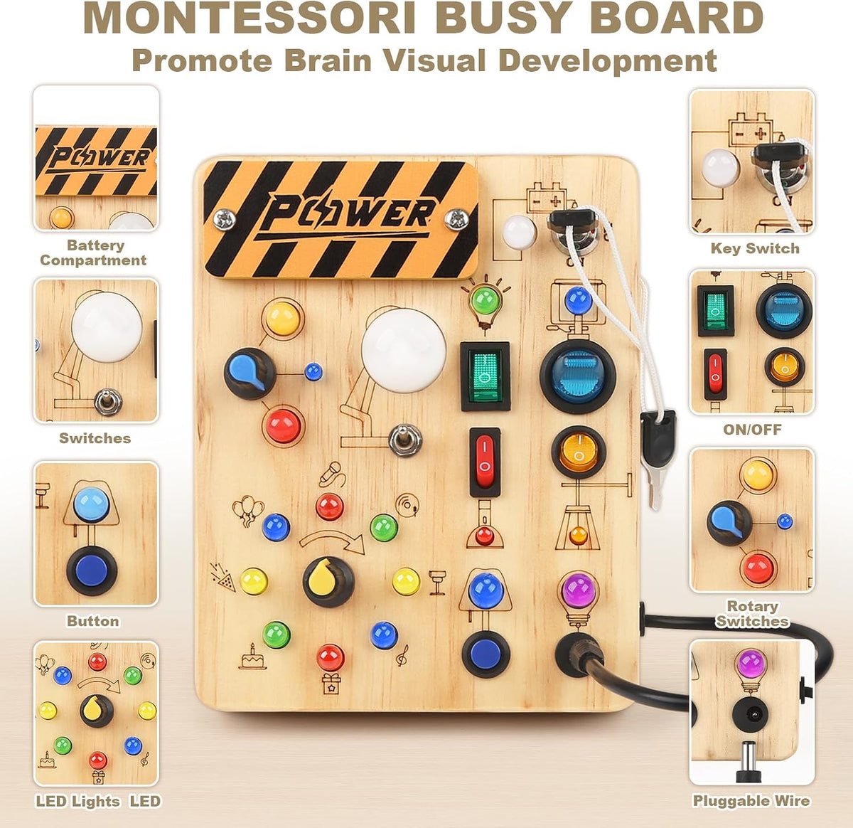 LED Busy Board for Toddlers - Montessori Sensory Toys for 1 2 3 Years Old