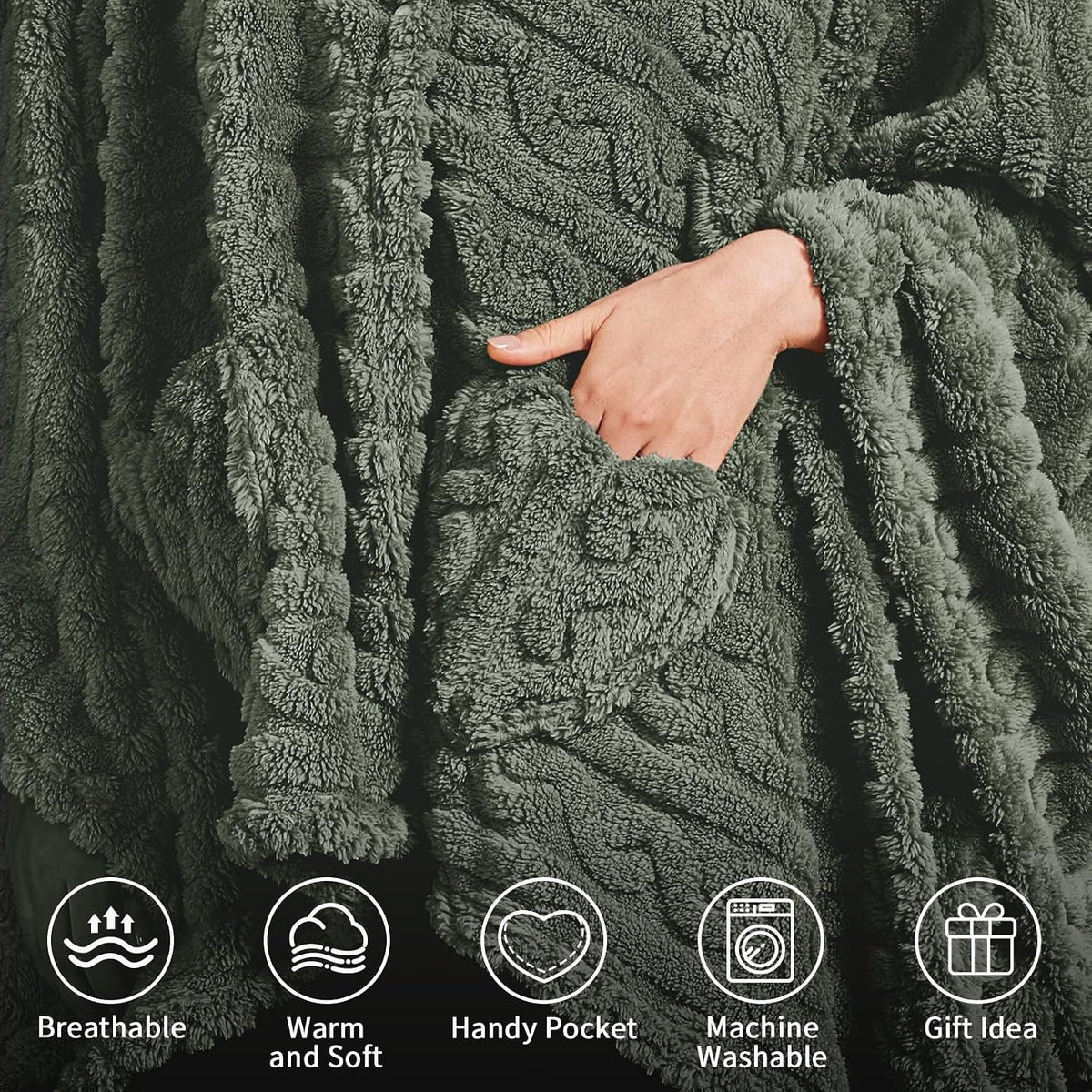 Wearable Blanket Poncho Cape Wrap for Adult, Cozy Sherpa Fleece Pocketed Shawl TV Throw Blankets for Office and Lounge,Green