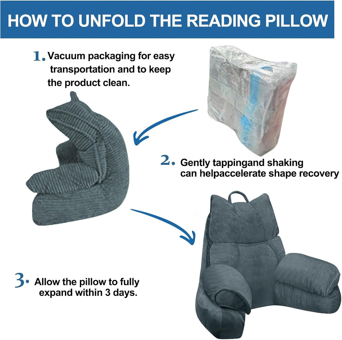 Reading Pillow for Bed with Arms, Back Support, Memory Foam（Charcoal Gray）