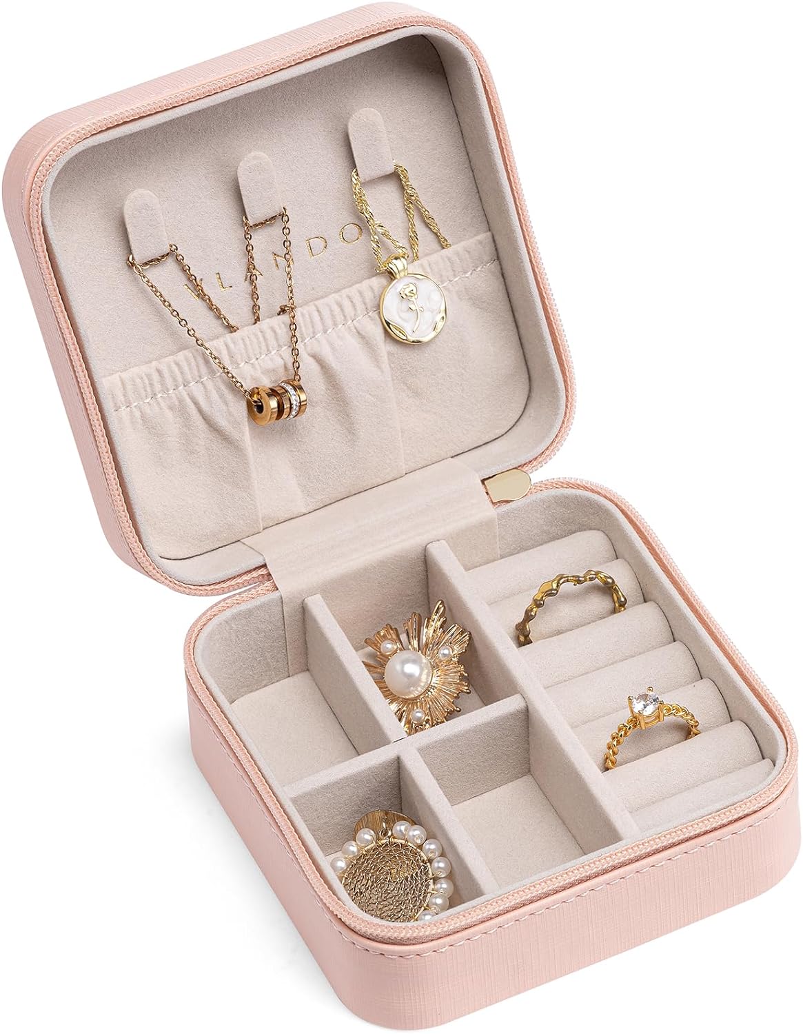 Pink travel jewelry case with necklace hooks and ring rolls