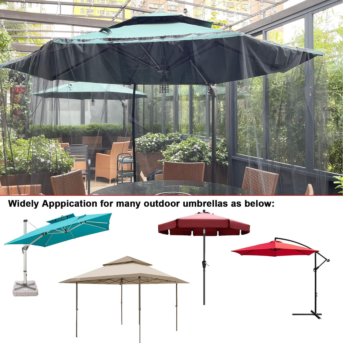 Black Patio Umbrella Mosquito Net, with Double Zipper Door, Polyester Mesh Screen, Universal for Outdoor Umbrellas, 7.5-11Ft