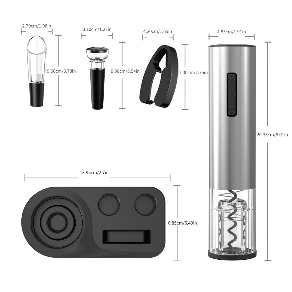 Rechargeable Electric Wine Opener Set Automatic Electric Wine Opener with Stand Metal Opener with Foil Cutter, Pourer, Stopper