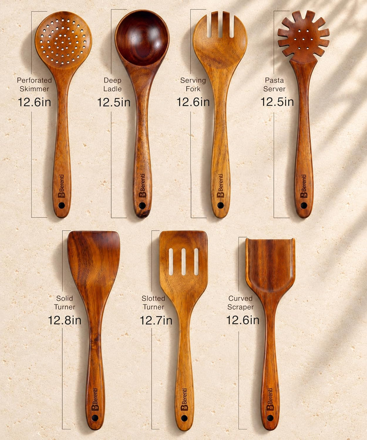 7Pc Wooden Kitchen Utensil Set, Acacia Wood Utensils for Cooking