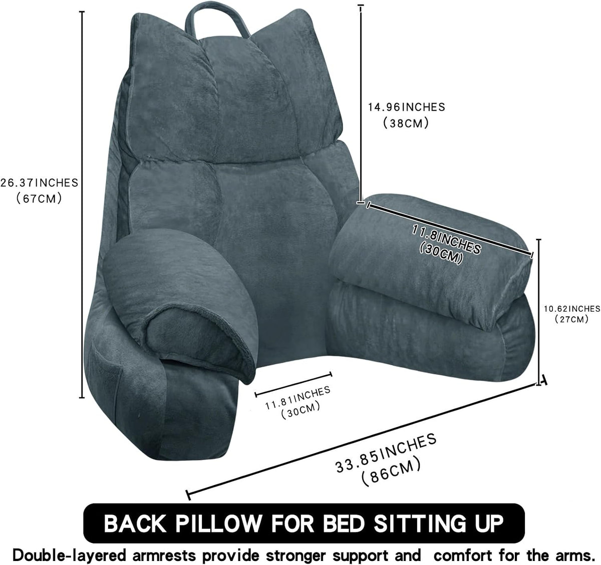 Reading Pillow for Bed with Arms, Back Support, Memory Foam（Charcoal Gray）