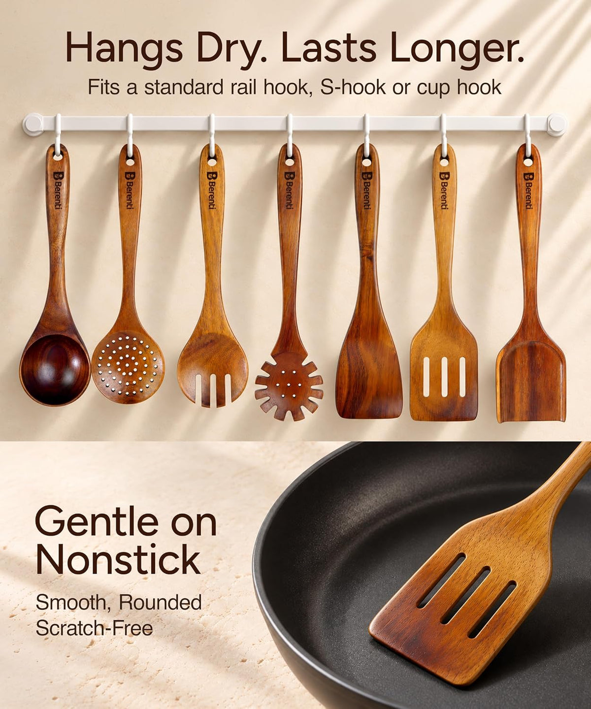 7Pc Wooden Kitchen Utensil Set, Acacia Wood Utensils for Cooking