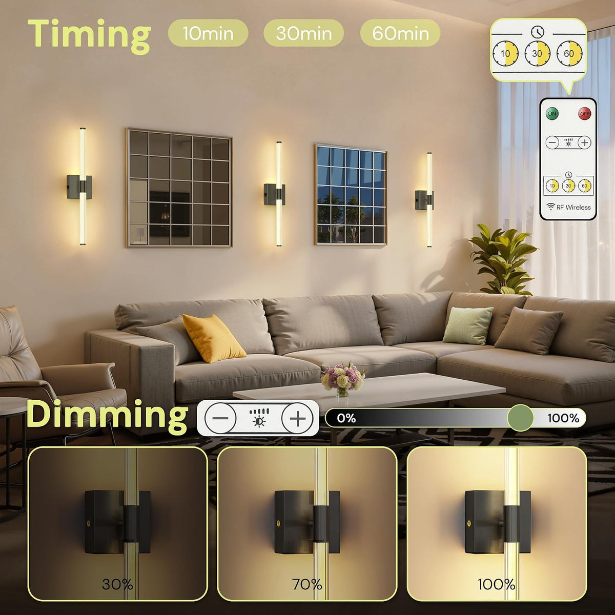 Battery Operated Wall Sconce Set of 2, Full Lighting Wall Light, 10000Mah
