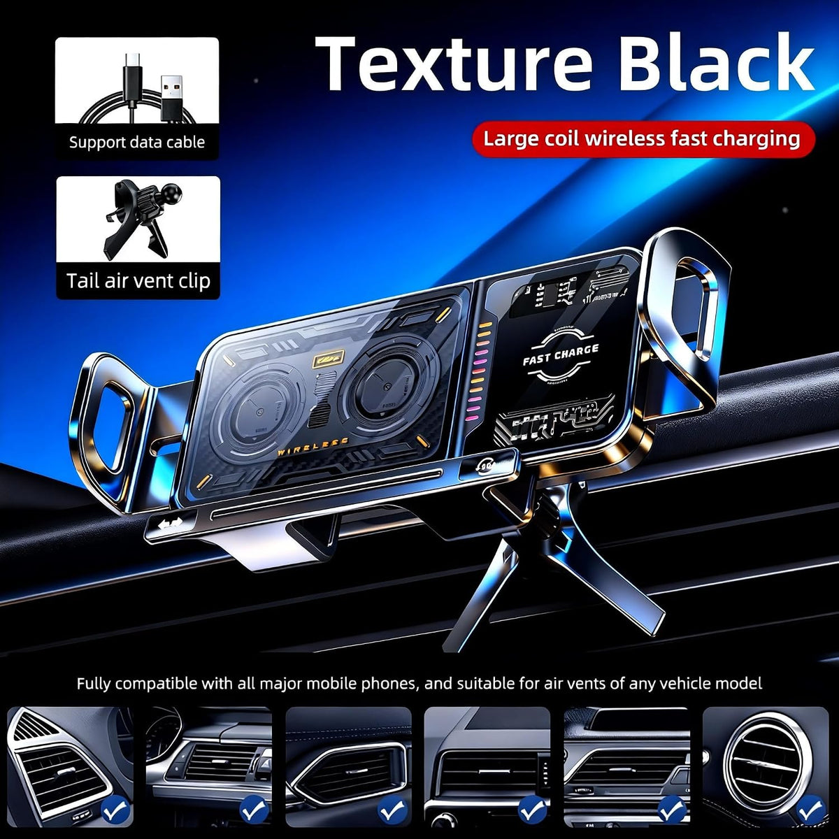 Wireless Car Charger, 2026 Upgrade 15W Fast Charging with LED Light Auto Clamping Phone Holders for Your Car for Iphone 16/15/14/13 Mini Pro Max, Samsung Galaxy S25 Ultra, S24/S23 Etc (Black)
