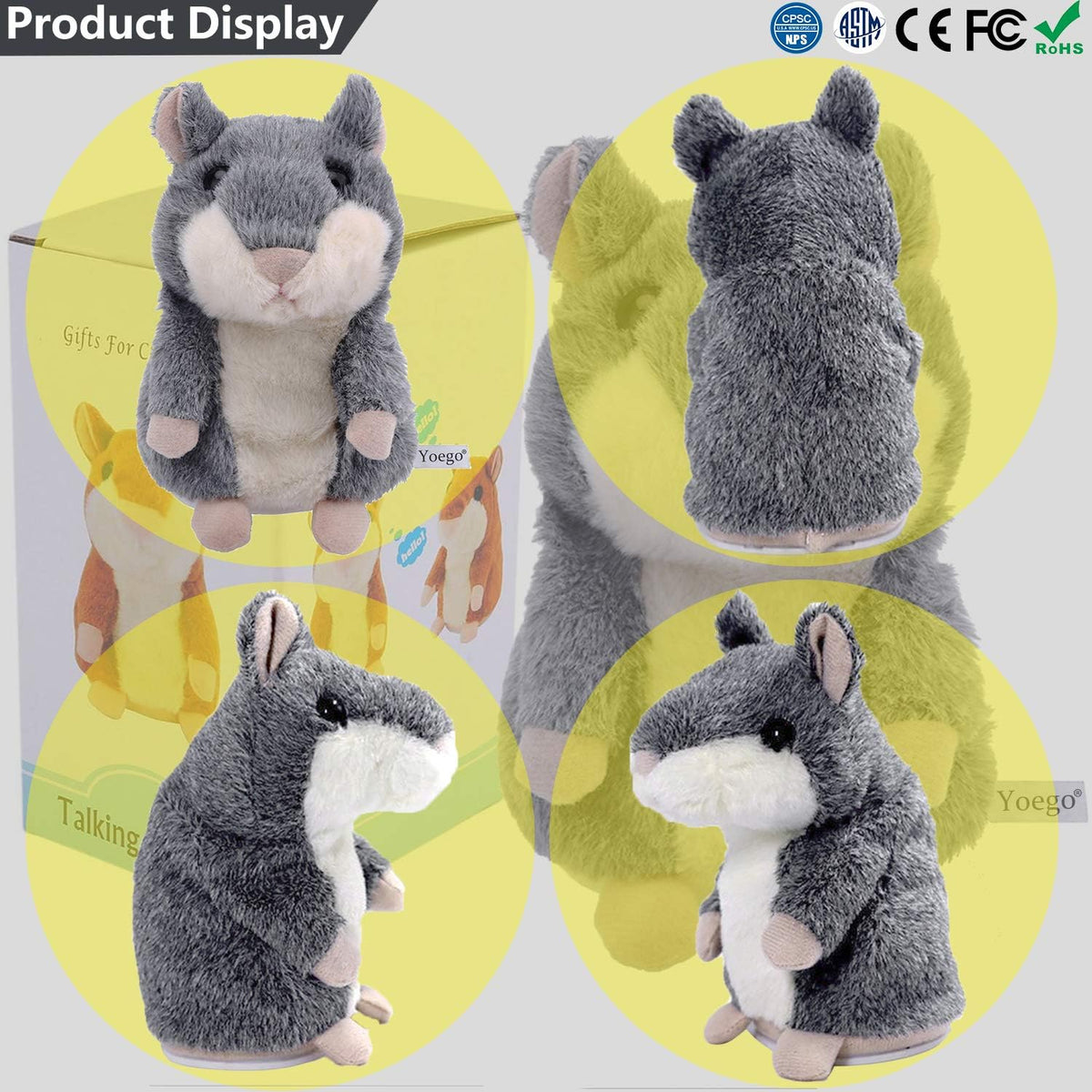 Talking Hamster Repeats What You Say Interactive Stuffed Plush Animal Talking Toy,Perfect Toy Gifts for Boys Girls Age 3+ (Gray)