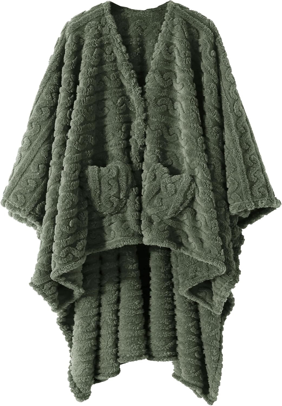 Wearable Blanket Poncho Cape Wrap for Adult, Cozy Sherpa Fleece Pocketed Shawl TV Throw Blankets for Office and Lounge,Green