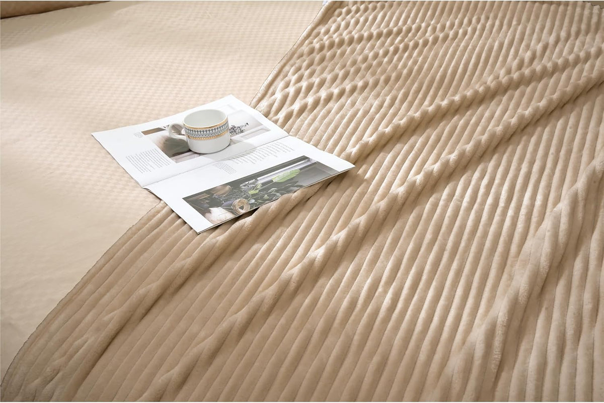 Flannel Fleece Throw Blanket for Couch,Sofa,Bed, 300GSM Striped Camel Blanket Throw for Adults and Kids, Super Soft Warm Cozy Lightweight Ribbed Light Brown Blanket for All-Season