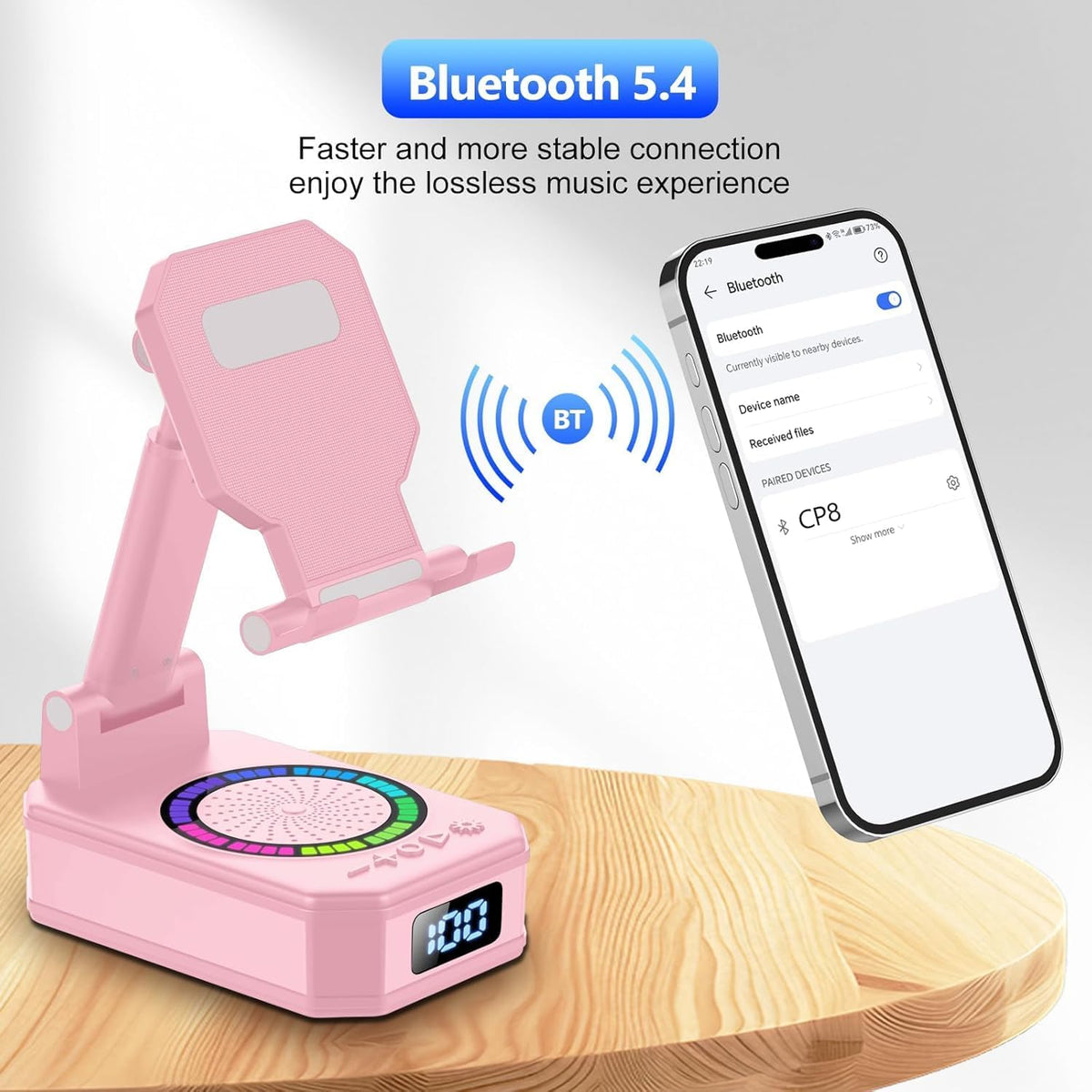 Gifts for Women, Phone Stand with Wireless Bluetooth Speaker and Anti-Slip Base, Gadgets for Anniversary Idea Gift, Phone Charger Stand with LED Lights, Kitchen Gadget Compatible with IOS Android