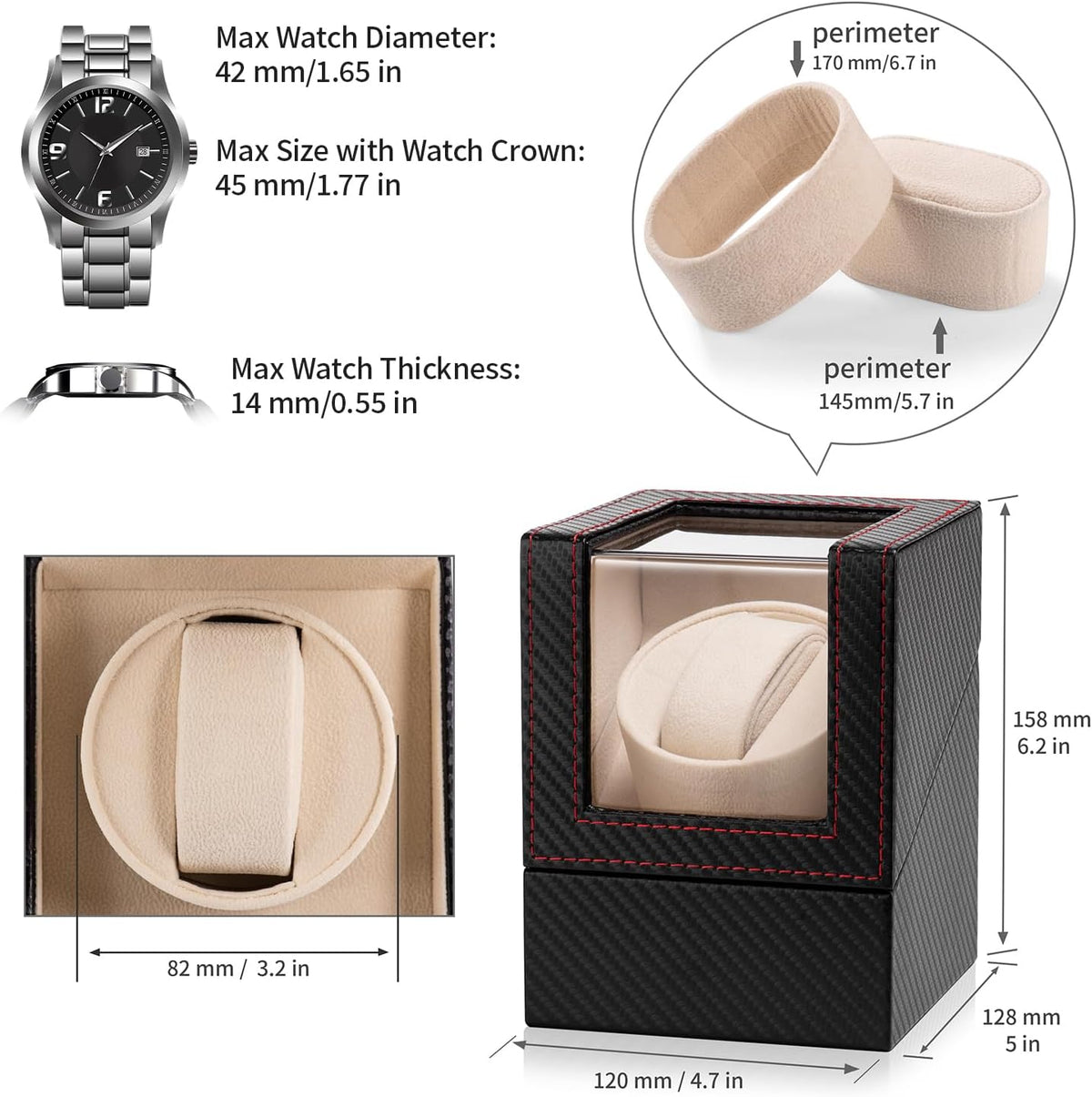 Automatic Single Watch Winder for Automatic Watches,Rotating Watch Case with Japanese Quiet Motor，Ac Adapter or Battery Powered