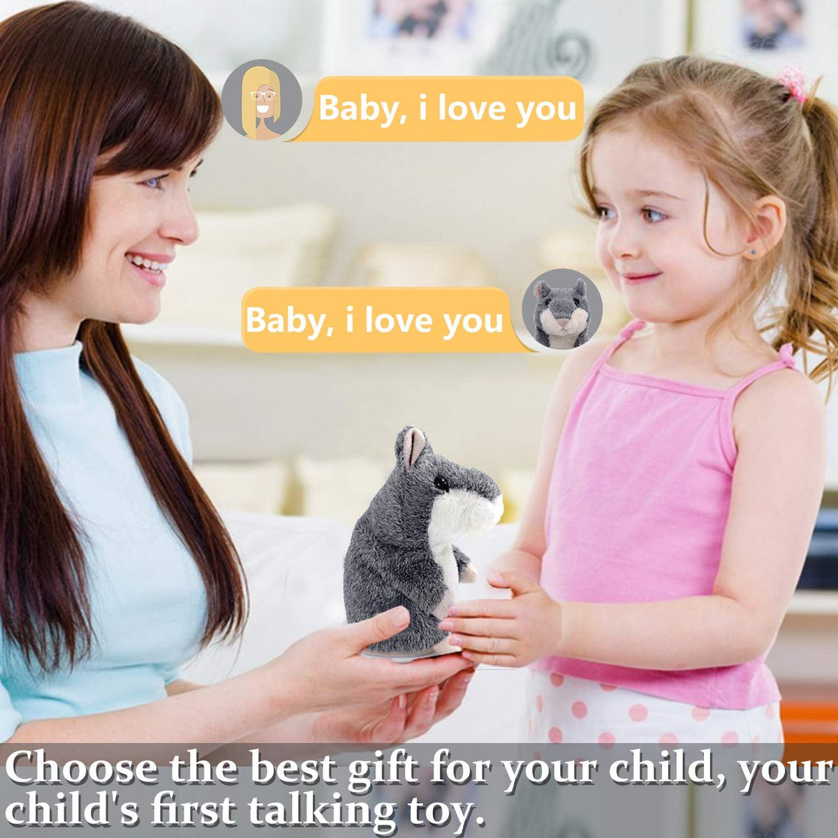 Talking Hamster Repeats What You Say Interactive Stuffed Plush Animal Talking Toy,Perfect Toy Gifts for Boys Girls Age 3+ (Gray)