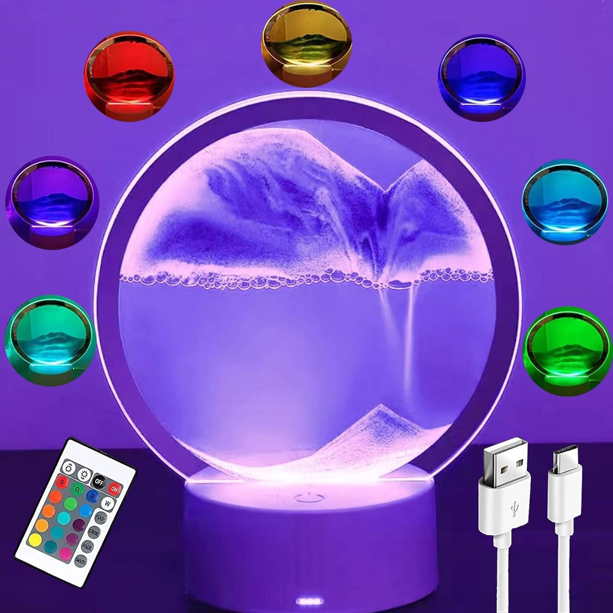 3Dmoving Sand Art,360° Rotating Hourglass Decoration Table Lamp ,7 Color Changing Sand Liquid Motion Desk Lamp,Rgb Color Creative Sea Quicksand Moving Sand Art Picture Night Light(Purple with Remote)
