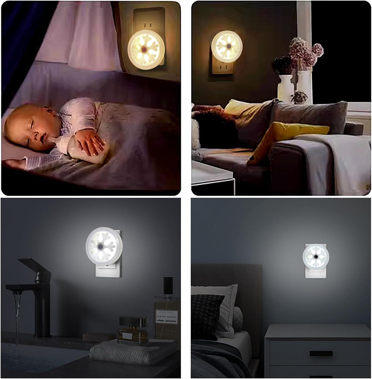 Smart LED Night Light [2-Pack], Plug-In with Auto Dusk to Dawn Sensor | Dimmable, Energy Efficient, Compact Wall Lights for Bedroom, Bathroom, Hallway, Kitchen (Snowflake White Light, 2)