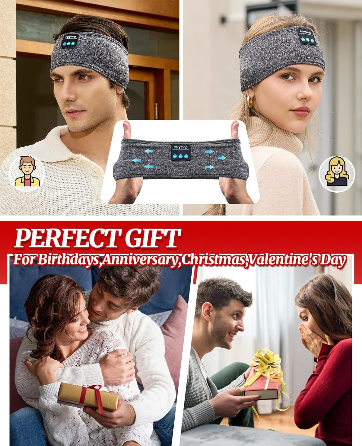 Sleep Headphones Bluetooth 5.4, Sleeping Headphones with Built-In Stereo Speakers, Wireless Earphones for Comfortable Sleep Listening, Soft & Sweat-Proof Sports for Workout