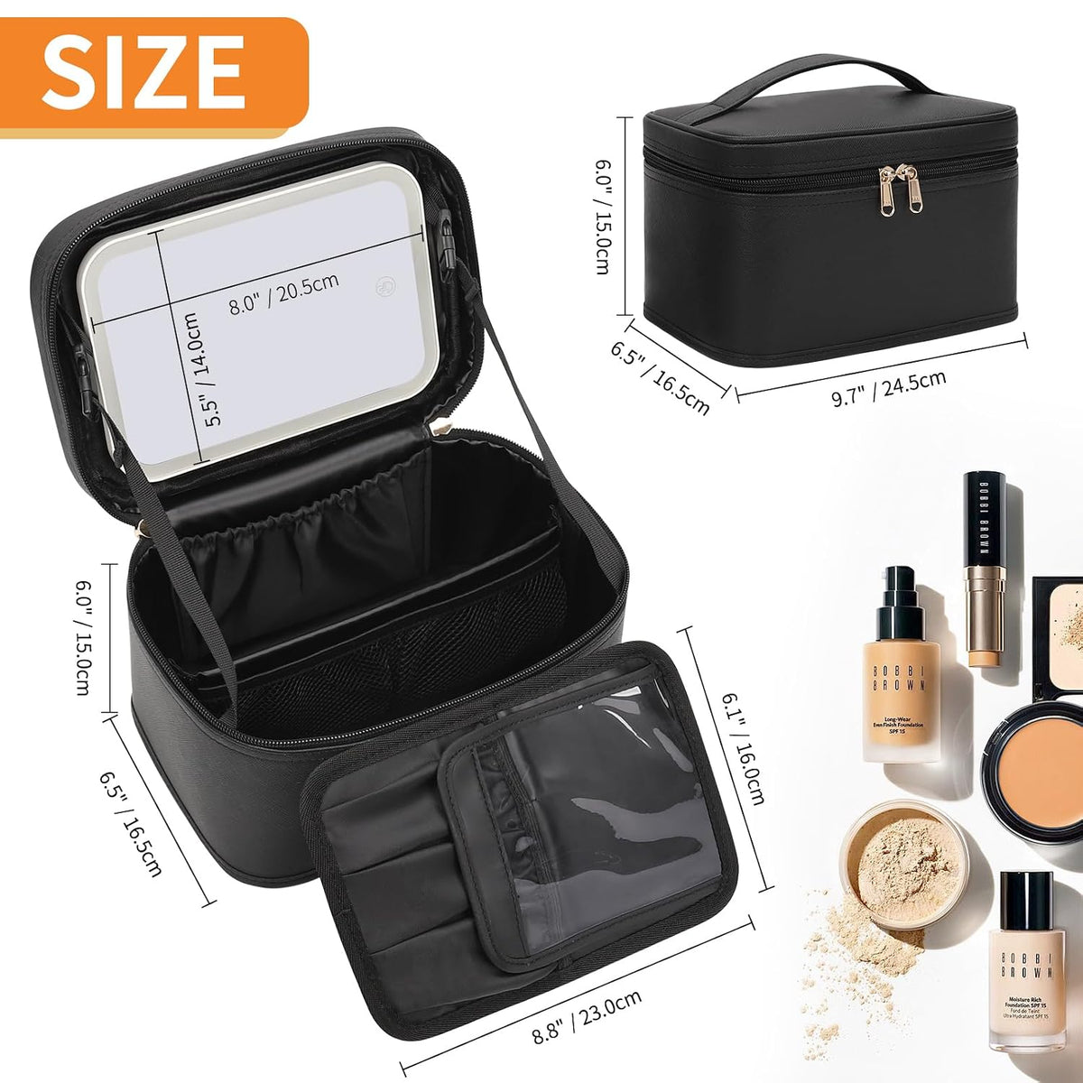Makeup Bag with LED Mirror, Travel Makeup Bag with 3 Color Setting Light up Mirror Cosmetic Makeup Organizer Vanity Case for Women Beauty Tools Accessories Rechargeable Makeup Travel Bag-Black