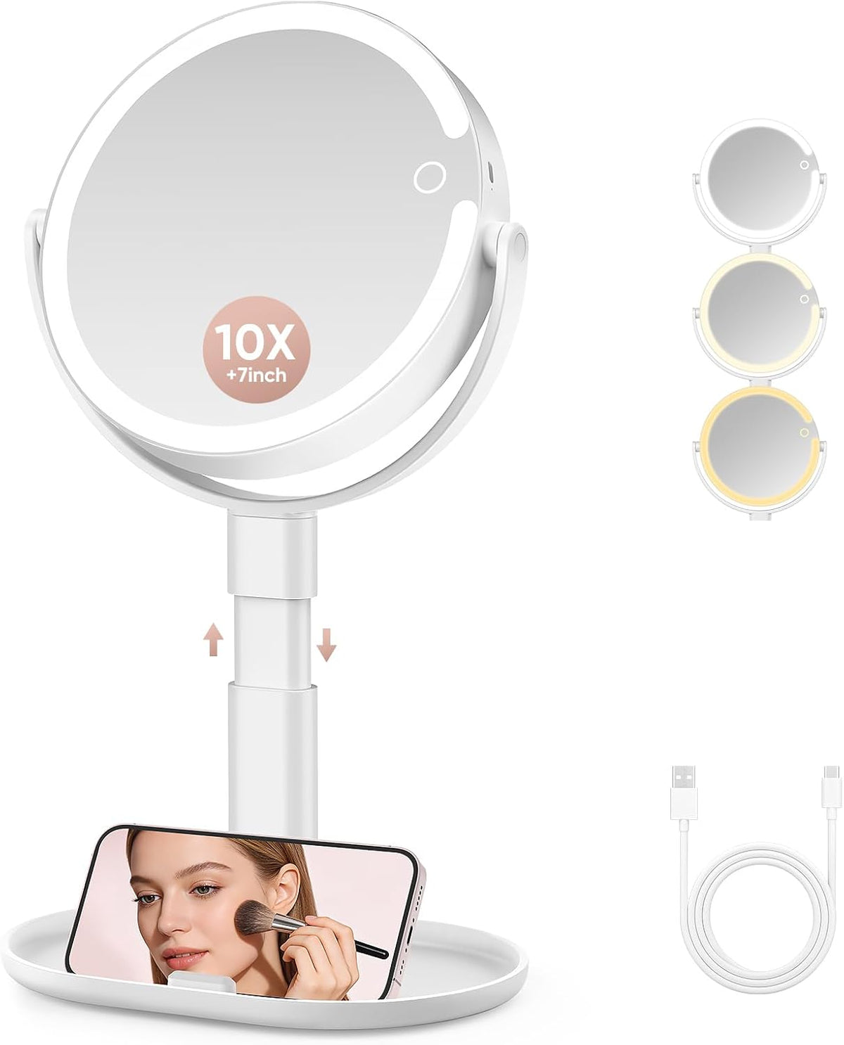 Rechargeable Lighted Makeup Mirror, 10X Magnification, 7 Inch